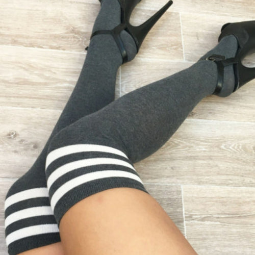 Charcoal Thigh High Socks with White Stripes