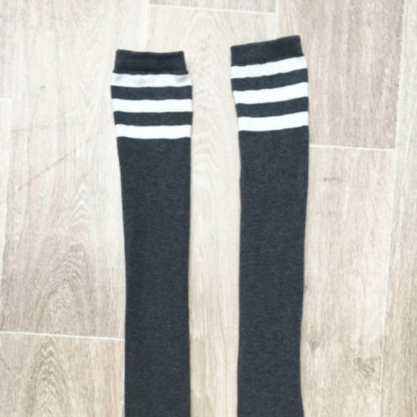 Charcoal Thigh High Socks with White Stripes